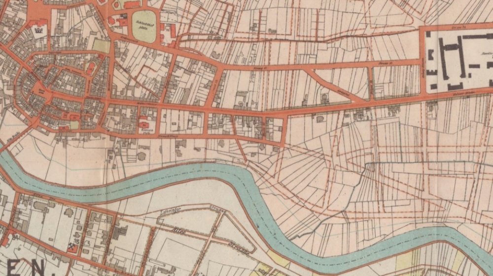 Ausschnitt eines Stadtplans von 1903, die projektierten Straßen des neuen Wohngebietes am Staden sind bereits eingezeichnet Ausschnitt eines Stadtplans von 1903, die projektierten Straßen des neuen Wohngebietes am Staden sind bereits eingezeichnet